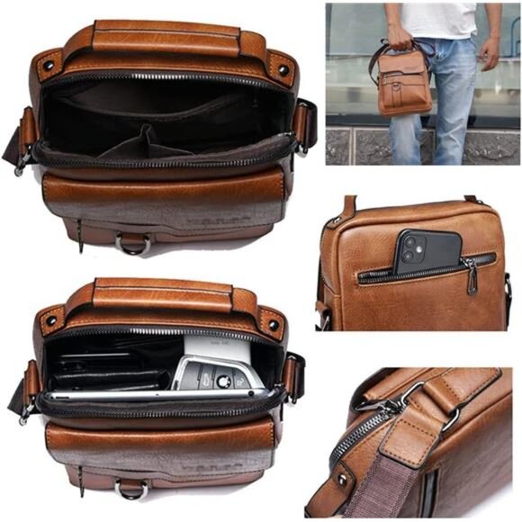 Mens Leather Messenger Bag Crossbody Shoulder Bag Vintage Zipper Buckle Satchel - Picture 5 of 7